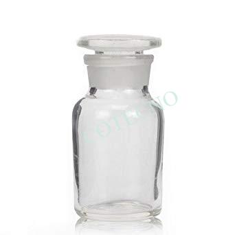 Botella de reactivo, boca ancha de vidrio transparente con vidrio esmerilado o tapon de plastico - WP