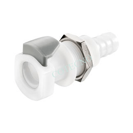 Hembra de montaje en panel, con valvula, lengueta de manguera de 3/8 ", con junta y tuerca - WP