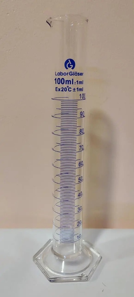 Probeta de vidrio de 100 ml con base hexagonal de vidrio. CH