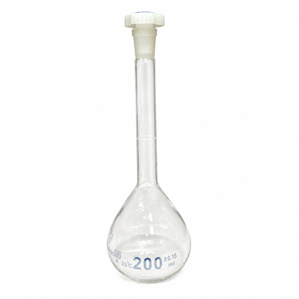 Matraz aforado o volumetrico 200 ml, CLASE A, vidrio borosilicato 3.3