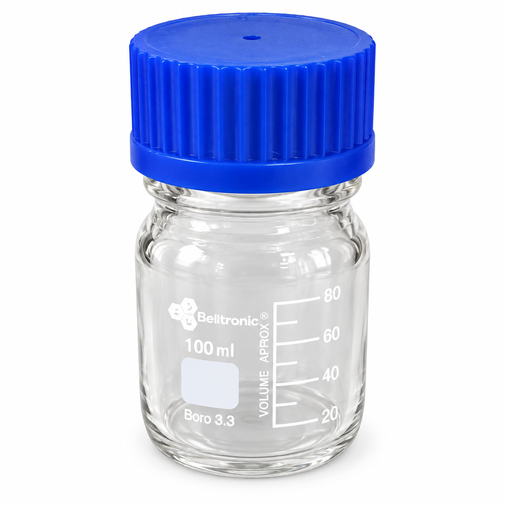 Botella tapa azul o tapa rosca de 100 ml de vidrio borosilicato 3.3