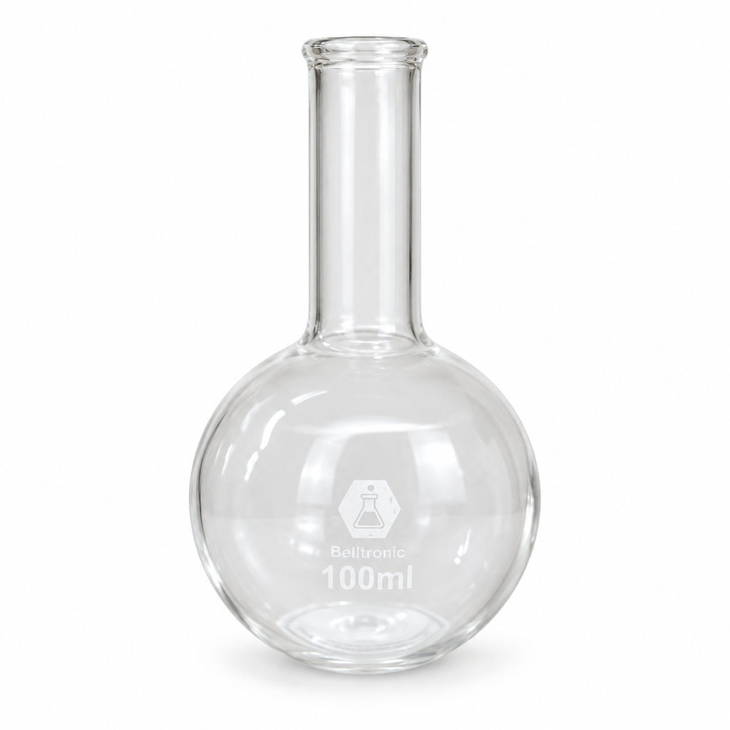Matraz de cuello estrecho de fondo redondo con borde rebordeado Boro 3.3 100ml
