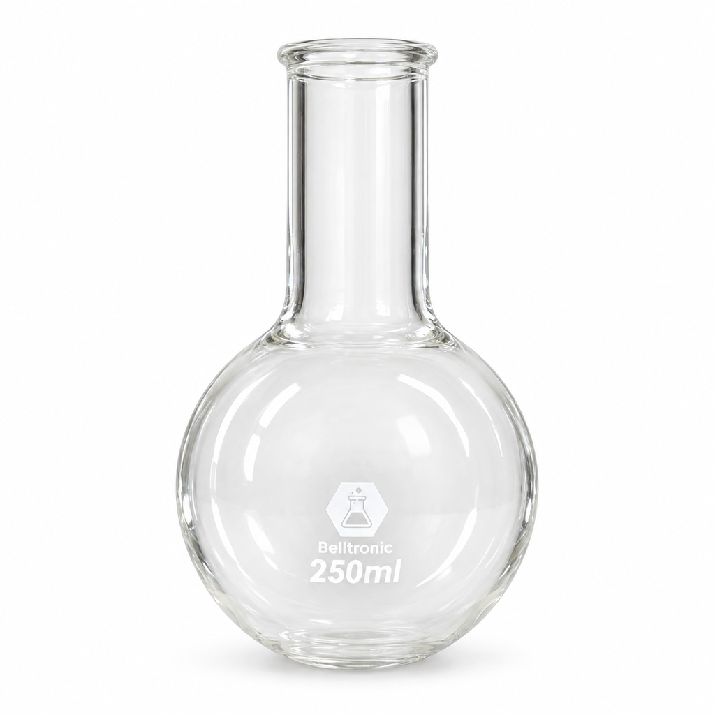 Matraz de cuello estrecho de fondo redondo con borde rebordeado Boro 3.3 250ml