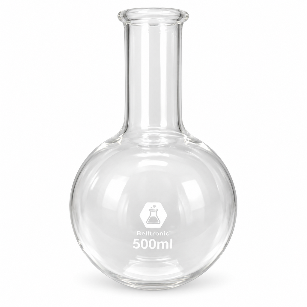 Matraz de cuello estrecho de fondo redondo con borde rebordeado Boro 3.3 500ml