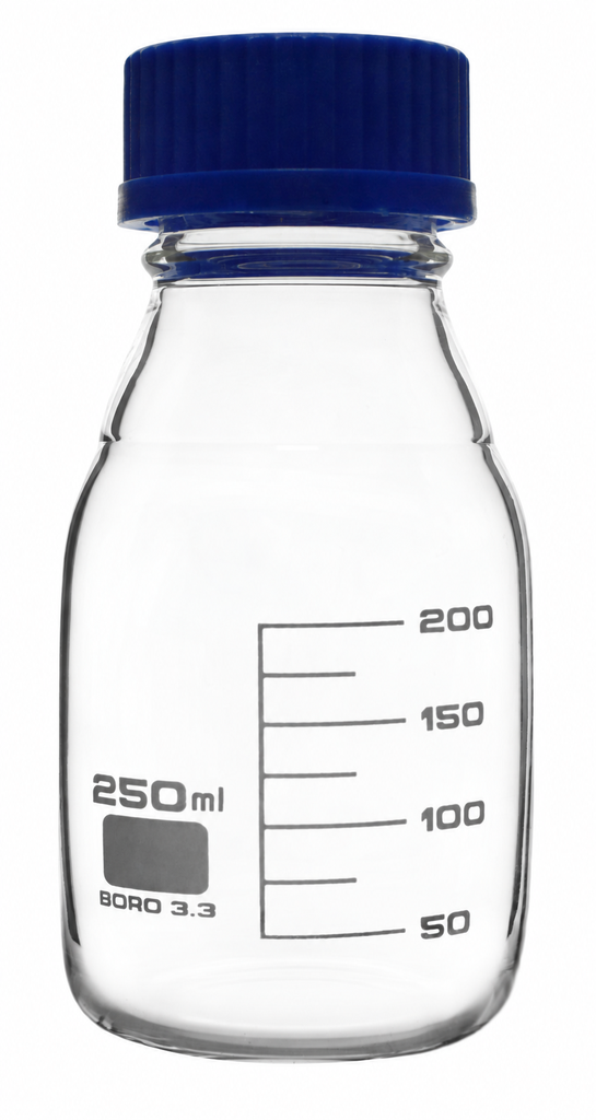 Botella tapa azul o tapa rosca de 250 ml de vidrio borosilicato 3.3
