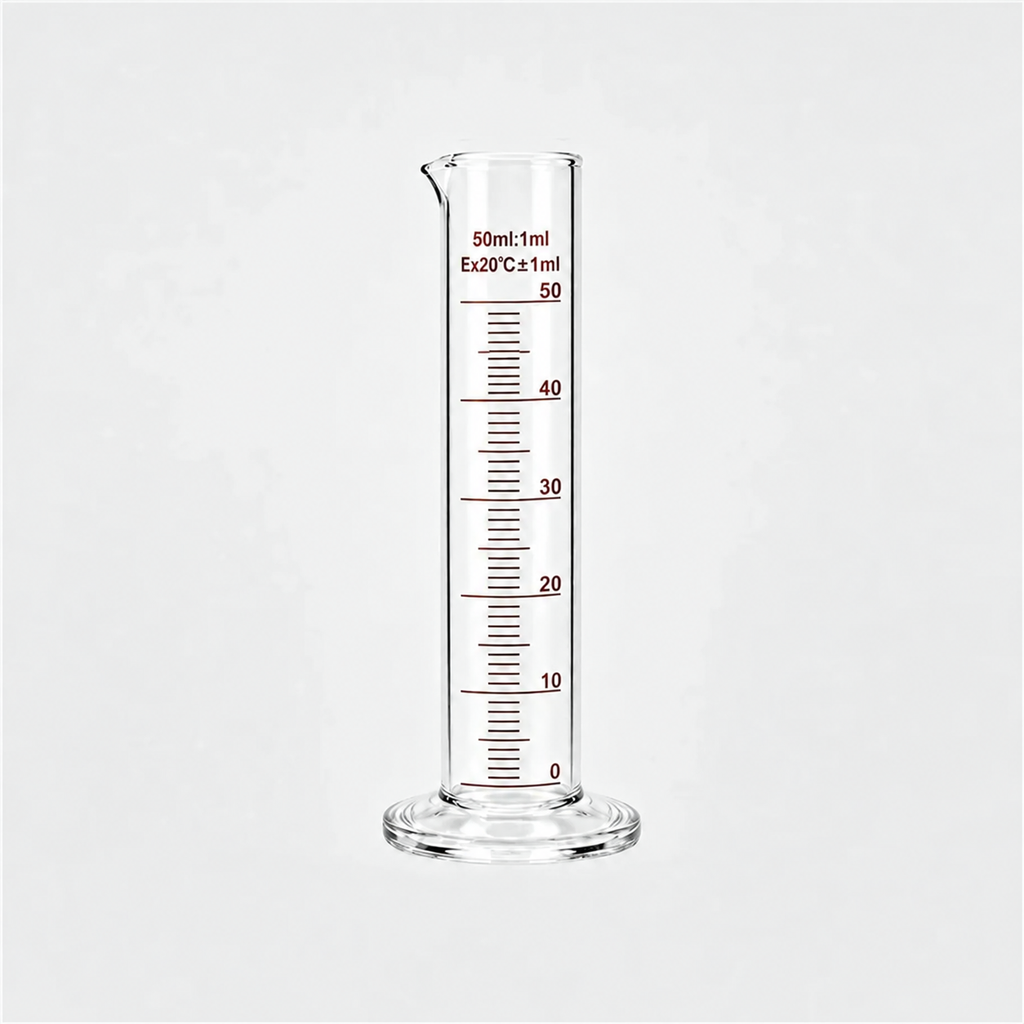 PROBETA DE VIDRIO DE 50 ML CON BASE REDONDA DE VIDRIO.