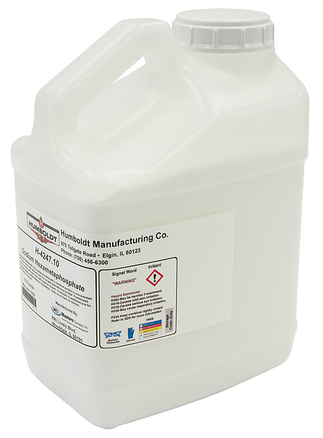 Hexametafosfato de sodio, envase de 4,5 kg (10 lb).