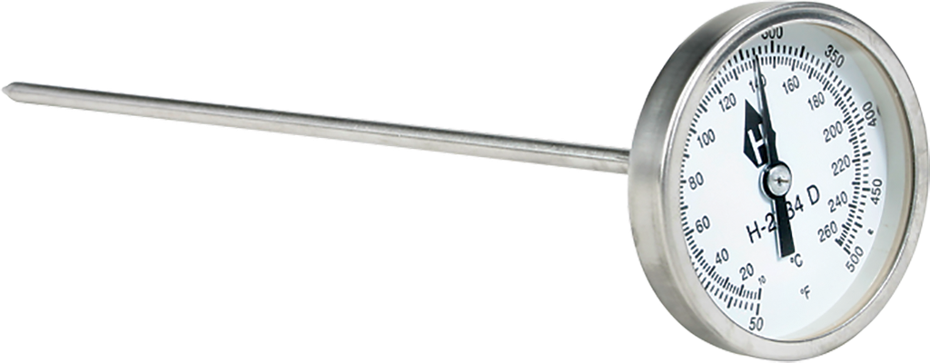 Termometro, esfera, escala doble, vastago largo de 8'', 25 a 125°F/0 a 50°c