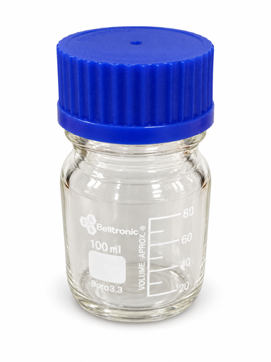 [B-01-47-1002-0000] Botella tapa azul o tapa rosca de 100 ml de vidrio borosilicato 3.3