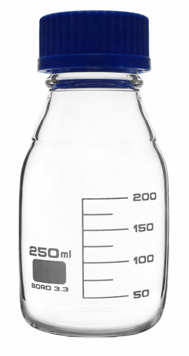 [B-01-47-1002-0001] Botella tapa azul o tapa rosca de 250 ml de vidrio borosilicato 3.3